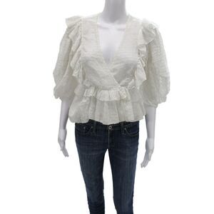 Rhode Womens Cropped Blouse White Cotton Polka Dot V-Neck 3/4 Sleeve Tie Size S